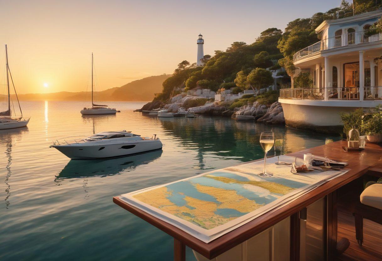 A serene harbor scene at sunset, showcasing a variety of luxurious yachts and watercraft gently bobbing on the water. In the foreground, a confident couple examines a detailed map, highlighting safe boating routes while enjoying a glass of champagne. Lush greenery and a distant lighthouse frame the background, emphasizing tranquility and security. super-realistic. warm colors. vibrant sunset.