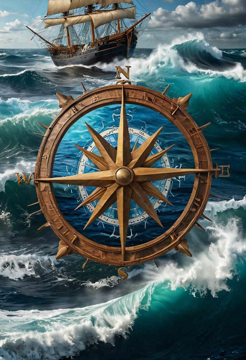 A detailed compass rose overlaying a turbulent ocean scene, with waves symbolizing various risks like piracy and natural disasters. In the background, a ship sails confidently towards calm waters with insurance documents visible in its sails. Imagery of marine life is subtly included to represent the ecosystem at stake. super-realistic. vibrant colors. 3D.